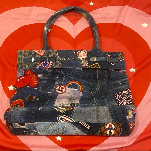 RARE Hysteric Glamour Patchwork Print Denim Birkin Bag - Picture 2 of 4